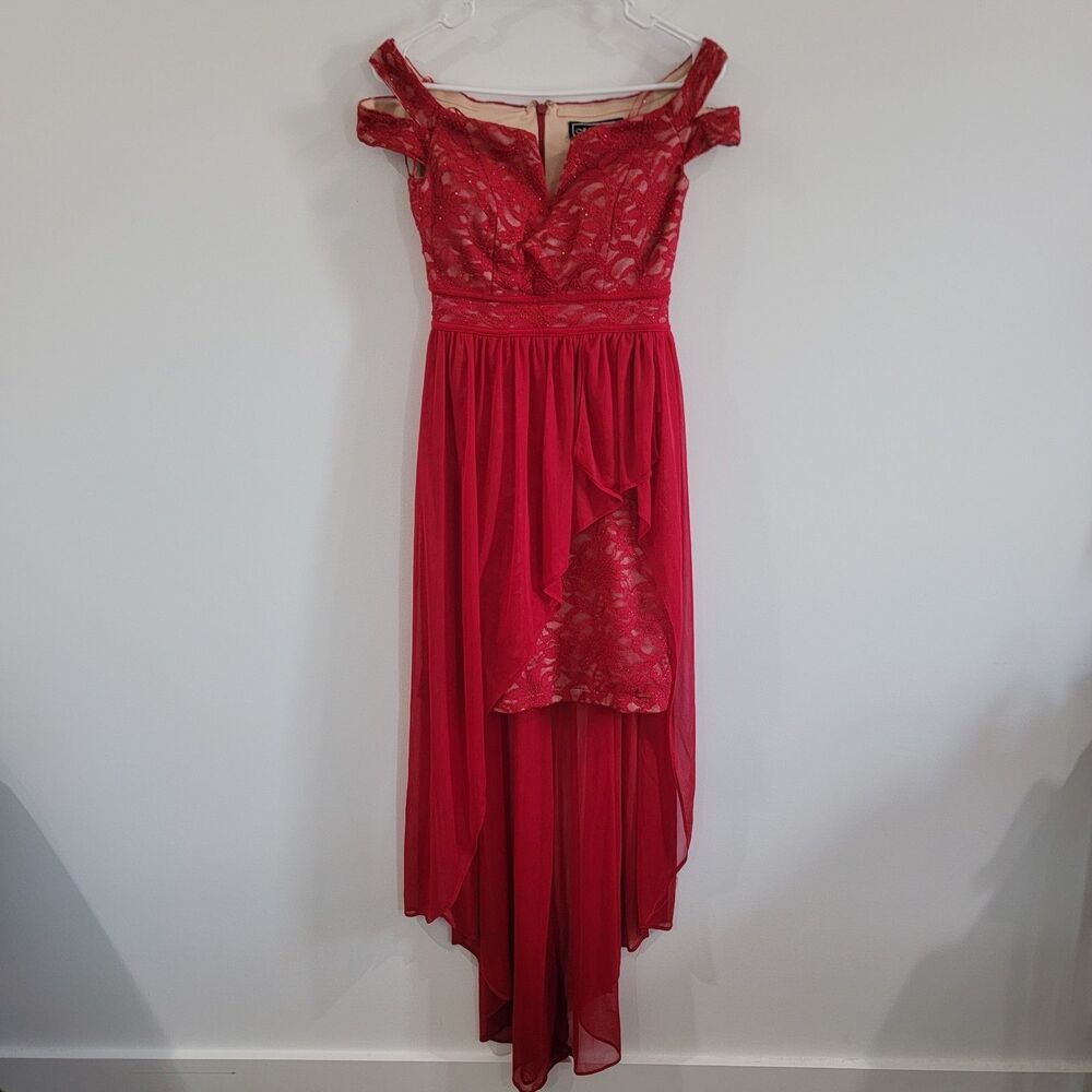 Morgan And Co Womens Off Shoulder Dress Size 3 Red Floral Lace Glitter Formal